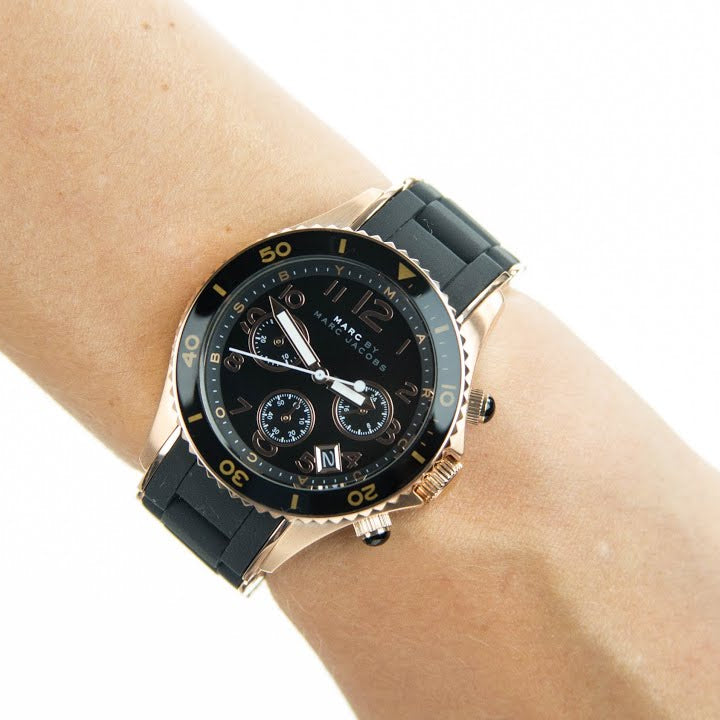  Shop Authentic Marc Jacobs Rock Chronograph Black Dial Black Silicone Strap Watch for Women - MBM2553 - Luxxuri