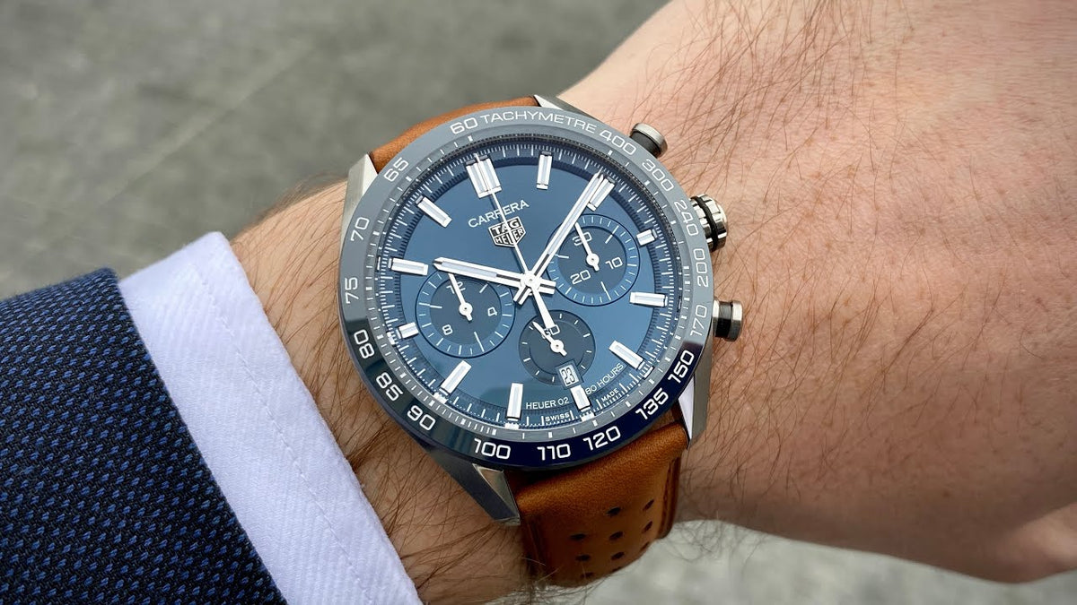  Shop Authentic Tag Heuer Carrera Automatic Chronograph Blue Dial Brown Leather Strap Watch for Men - CBN2A1A.FC6537 - Luxxuri