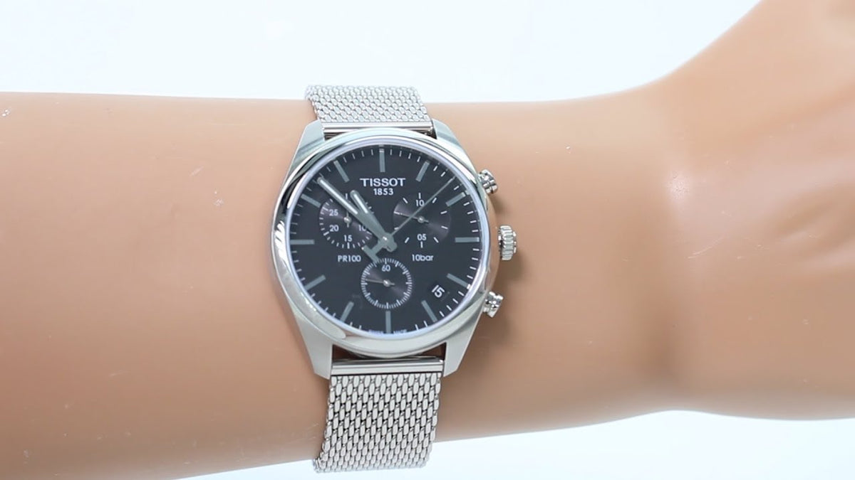  Shop Authentic Tissot PR 100 Chronograph Black Dial Silver Mesh Bracelet Watch For Men - T101.417.11.051.01 - Luxxuri