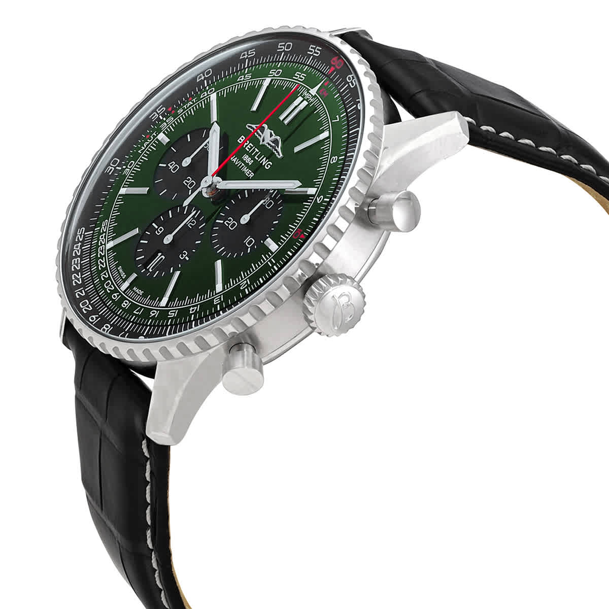  Shop Authentic Breitling Navitimer B01 Chronograph 46 Green Dial Black Leather Strap Watch for Men - AB0137241L1P1 - Luxxuri