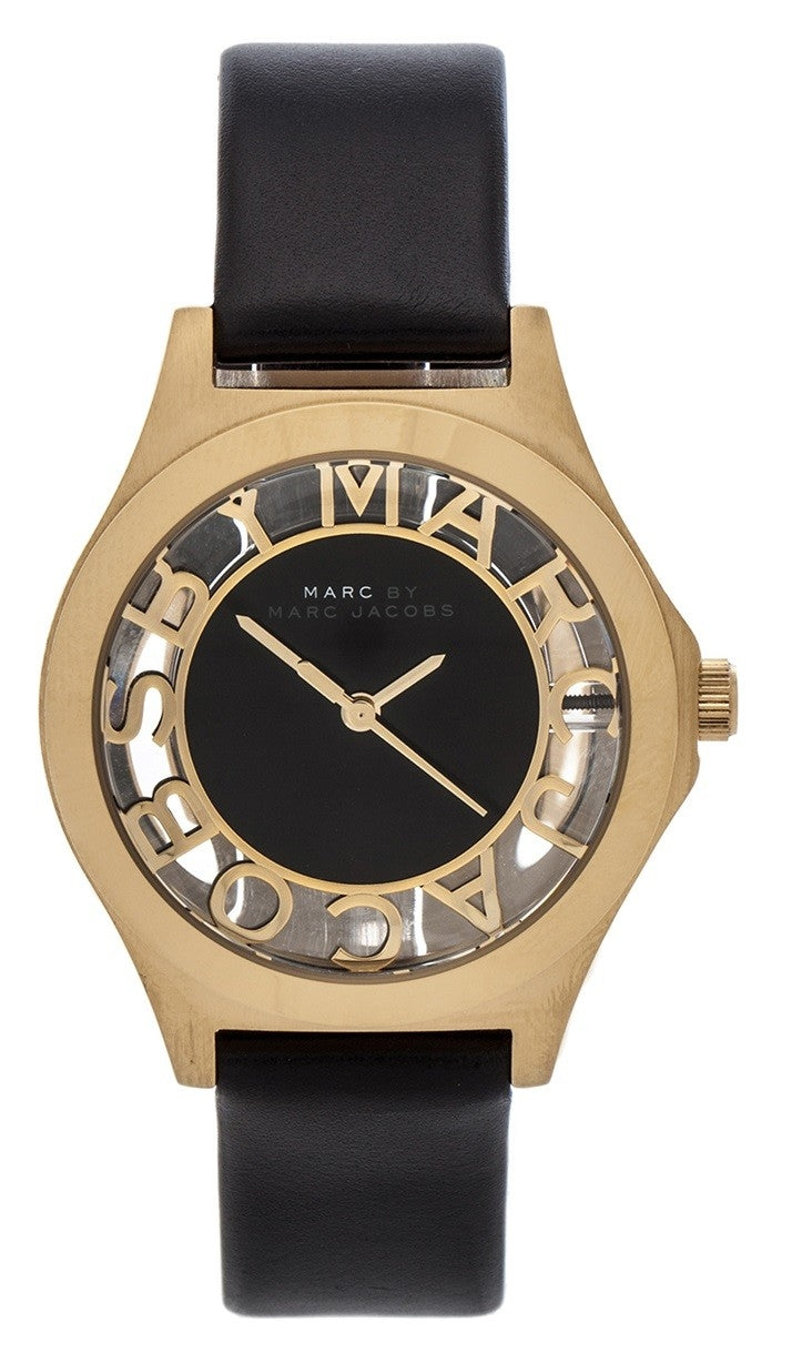  Shop Authentic Marc Jacobs Henry Skeleton Black Dial Black Leather Strap Watch for Women - MBM1340 - Luxxuri