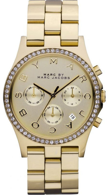  Shop Authentic Marc Jacobs Henry Chronograph Gold Dial Gold Steel Strap Watch for Women - MBM3105 - Luxxuri