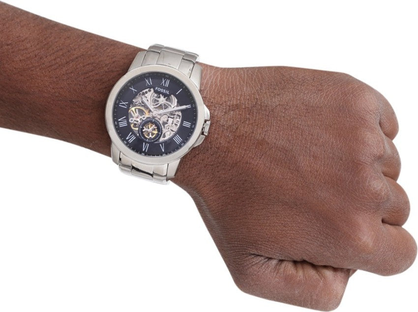  Shop Authentic Fossil Grant Skeleton Black Dial Silver Steel Strap Watch for Men - ME3055 - Luxxuri