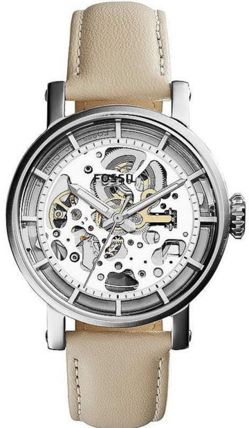  Shop Authentic Fossil Boyfriend Automatic Skeleton Silver Dial White Leather Strap Watch for Women - ME3069 - Luxxuri