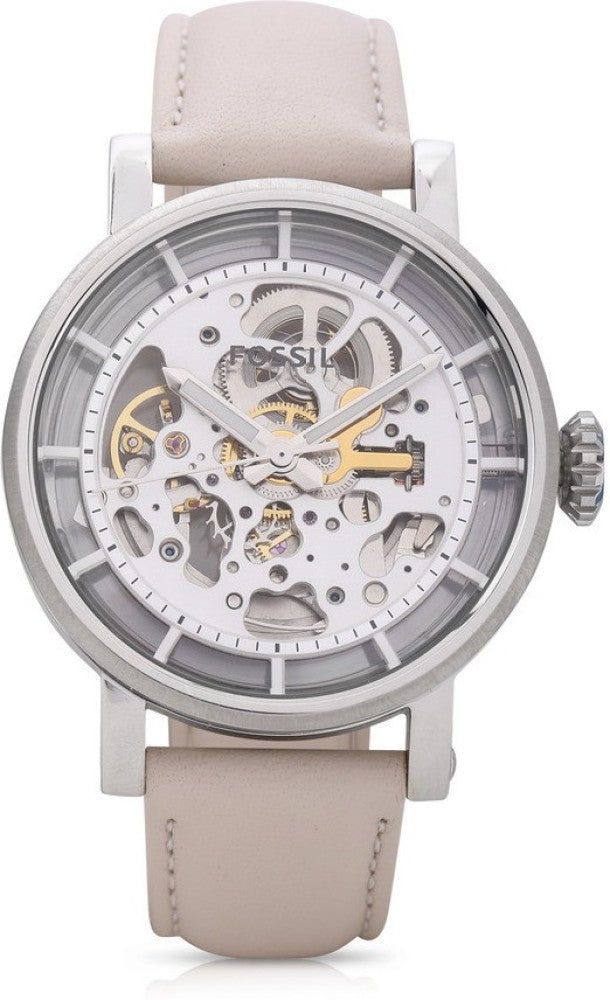  Shop Authentic Fossil Boyfriend Automatic Skeleton Silver Dial White Leather Strap Watch for Women - ME3069 - Luxxuri