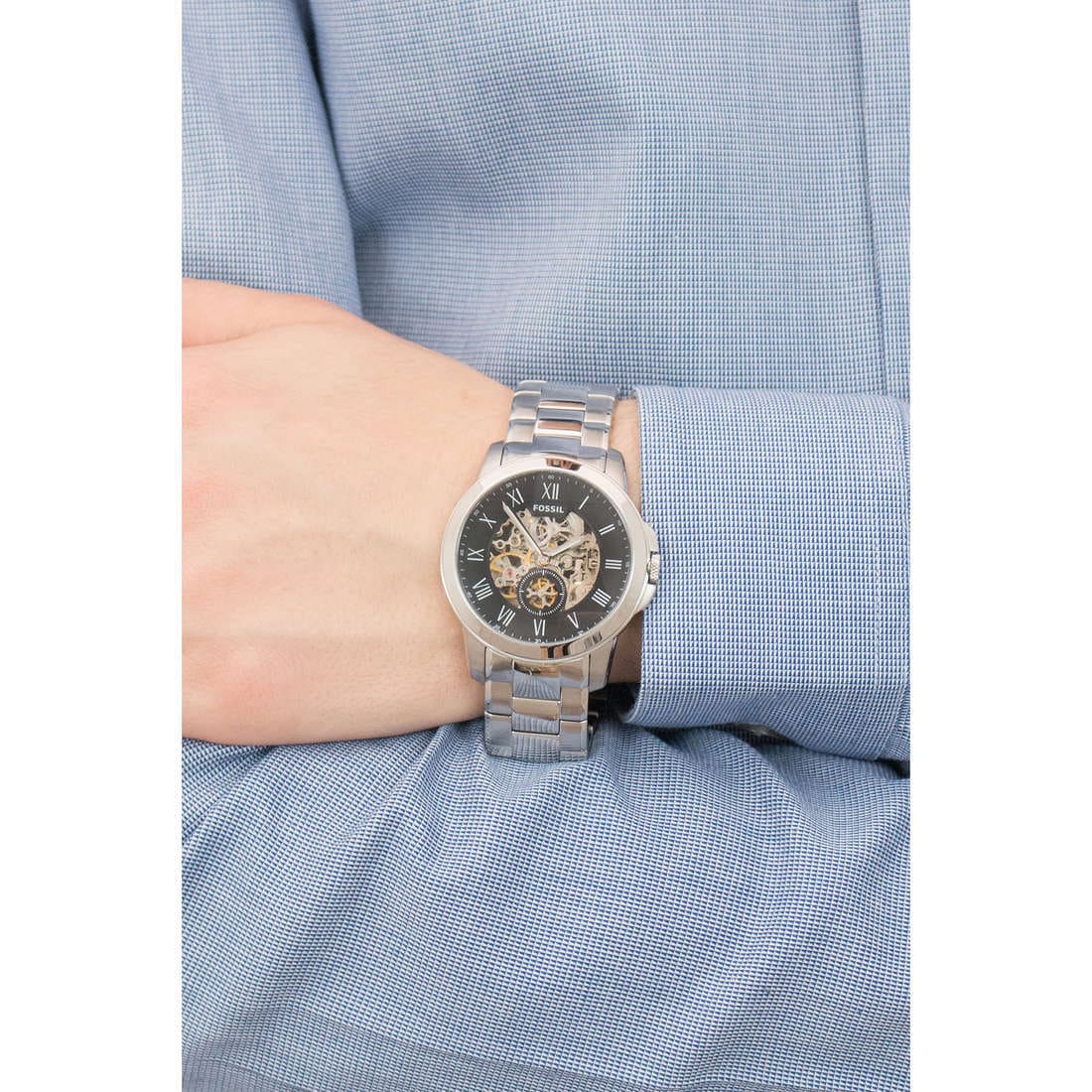  Shop Authentic Fossil Grant Automatic Skeleton Black Dial Silver Steel Strap Watch for Men - ME3103 - Luxxuri