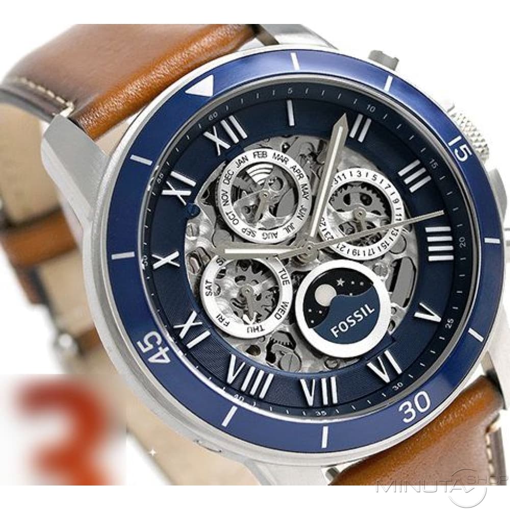  Shop Authentic Fossil Grant Sport Automatic Skeleton Blue Dial Brown Leather Strap Watch for Men - ME3140 - Luxxuri