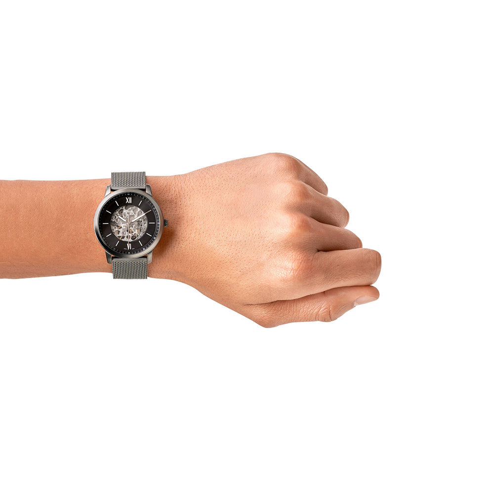  Shop Authentic Fossil Neutra Automatic Skeleton Black Dial Grey Mesh Strap Watch for Men - ME3185 - Luxxuri