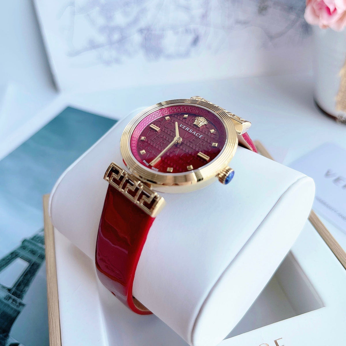  Shop Authentic Versace Greca Meander Red Dial Red Leather Strap Watch for Women - VELW00320 - Luxxuri