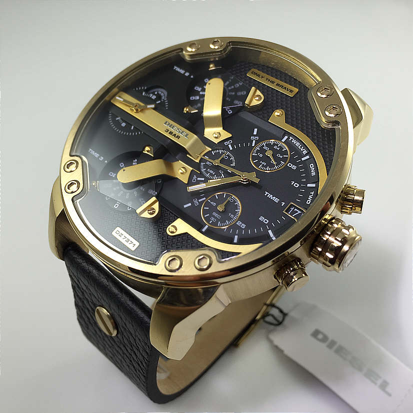  Shop Authentic Diesel Mr Daddy Black & Gold Dial Black Leather Strap Watch For Men - DZ7371 - Luxxuri