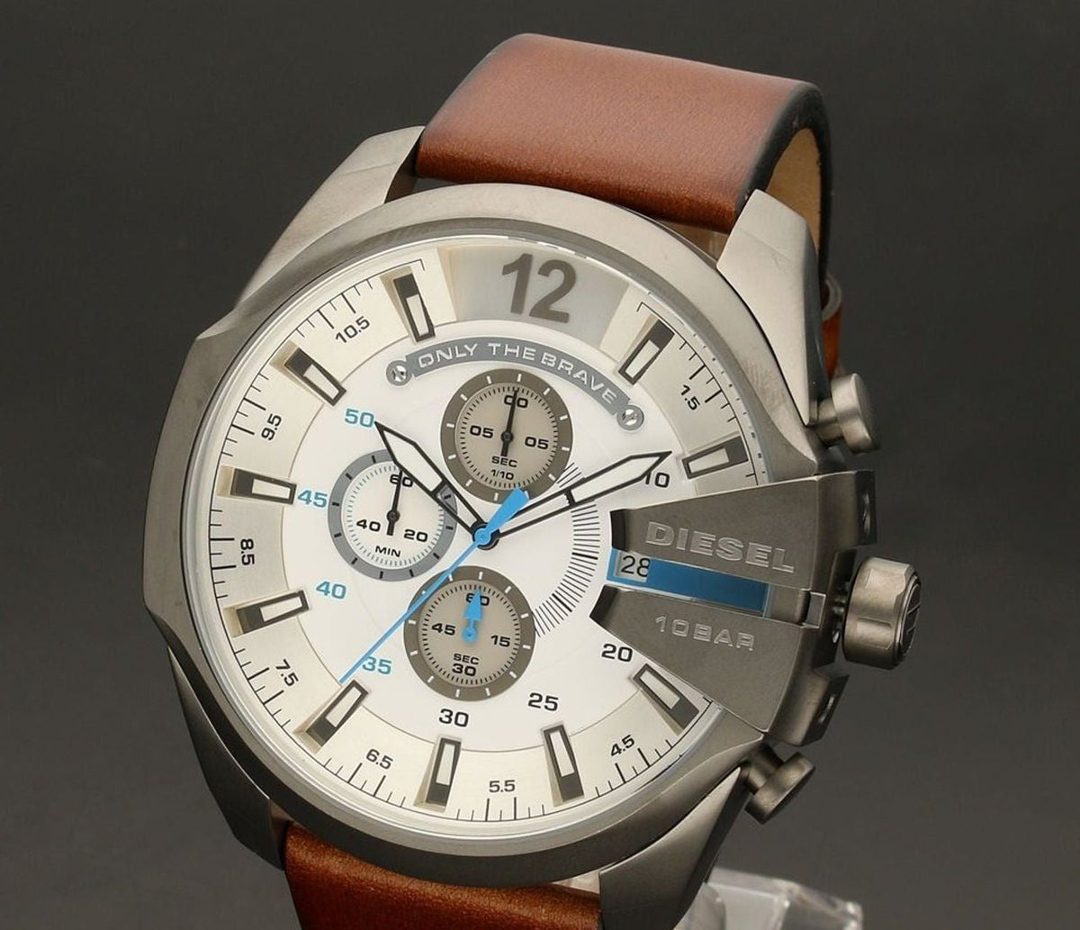  Shop Authentic Diesel Mega Chief White Dial Brown Leather Strap Watch For Men - DZ4280 - Luxxuri
