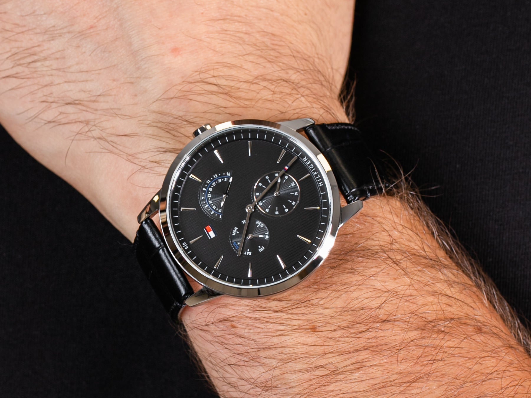 Shop Authentic Tommy Hilfiger Brad Chronograph Black Dial Black Leather Strap Watch For Men - 1710391 - Luxxuri