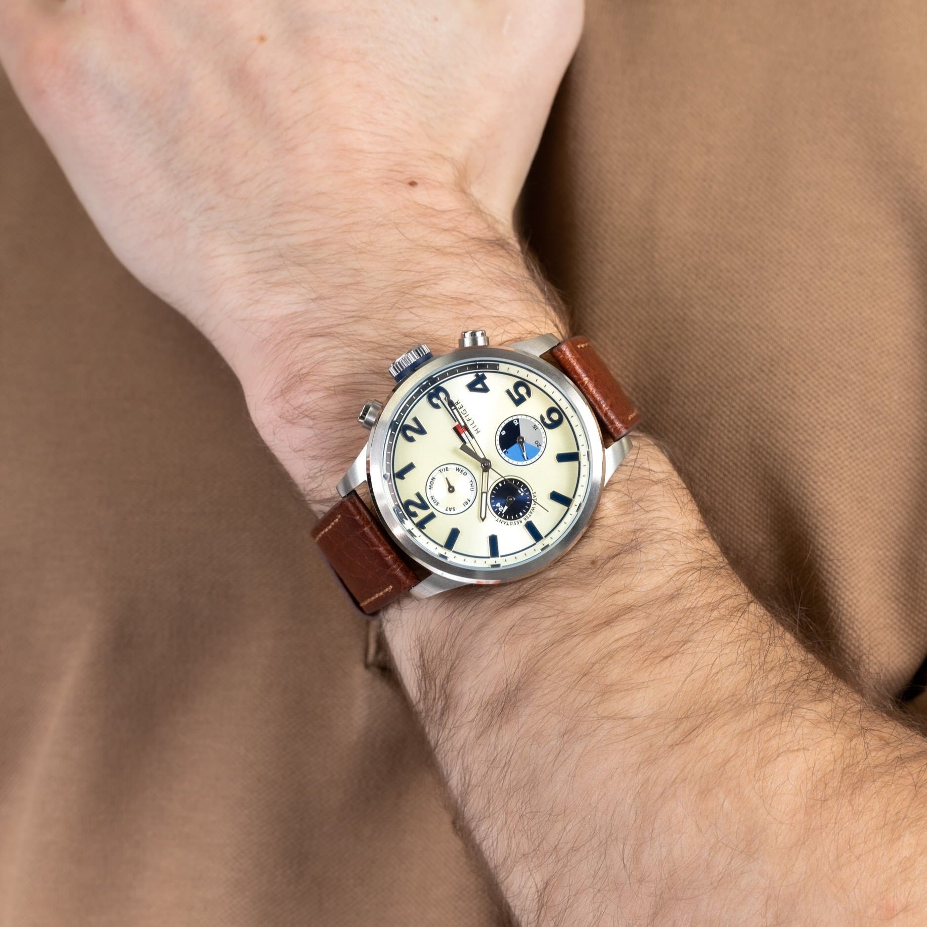  Shop Authentic Tommy Hilfiger Jackson Multi-Function Silver Dial Brown Leather Strap Watch for Men - 1791239 - Luxxuri