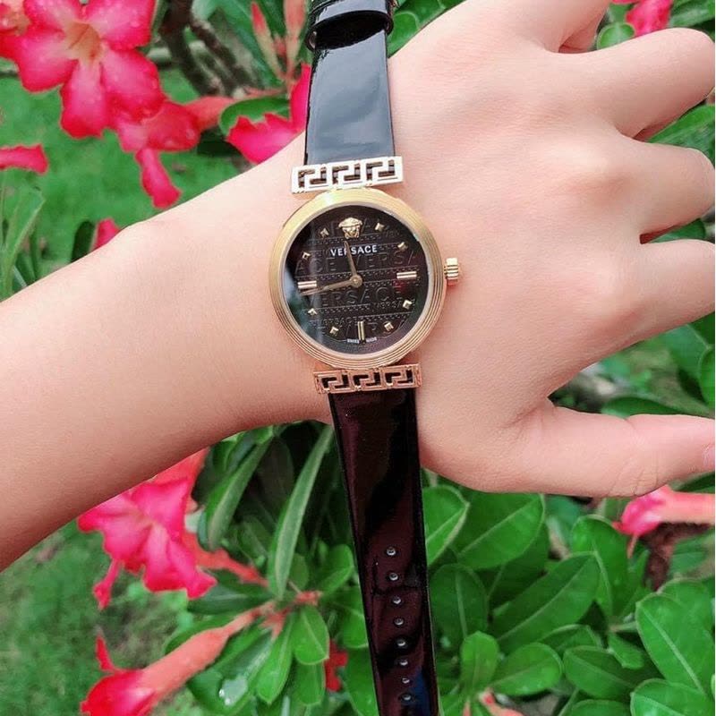  Shop Authentic Versace Greca Meander Black Dial Black Leather Strap Watch for Women - VELW00420 - Luxxuri