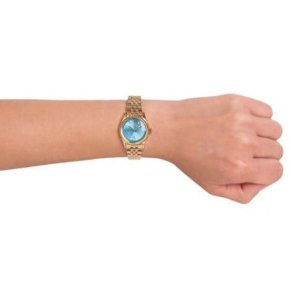  Shop Authentic Michael Kors Lexington Quartz Blue Dial Gold Steel Strap Watch For Women - MK3271 - Luxxuri