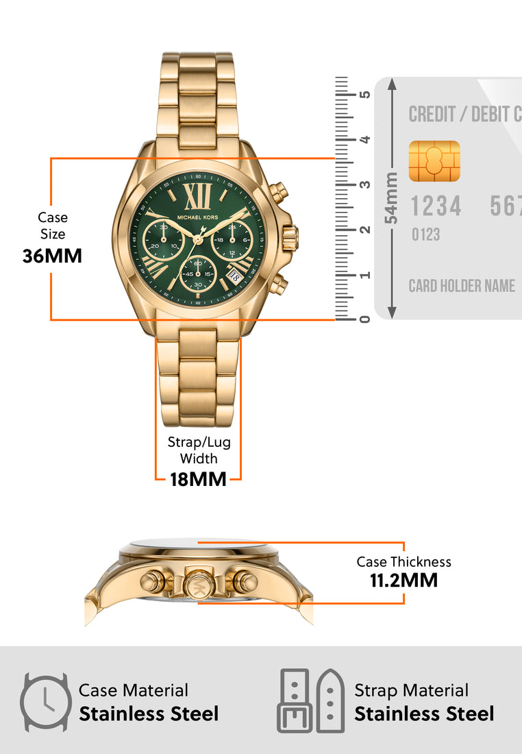  Shop Authentic Michael Kors Bradshaw Chronograph Green Dial Gold Steel Strap Watch For Women - MK7257 - Luxxuri