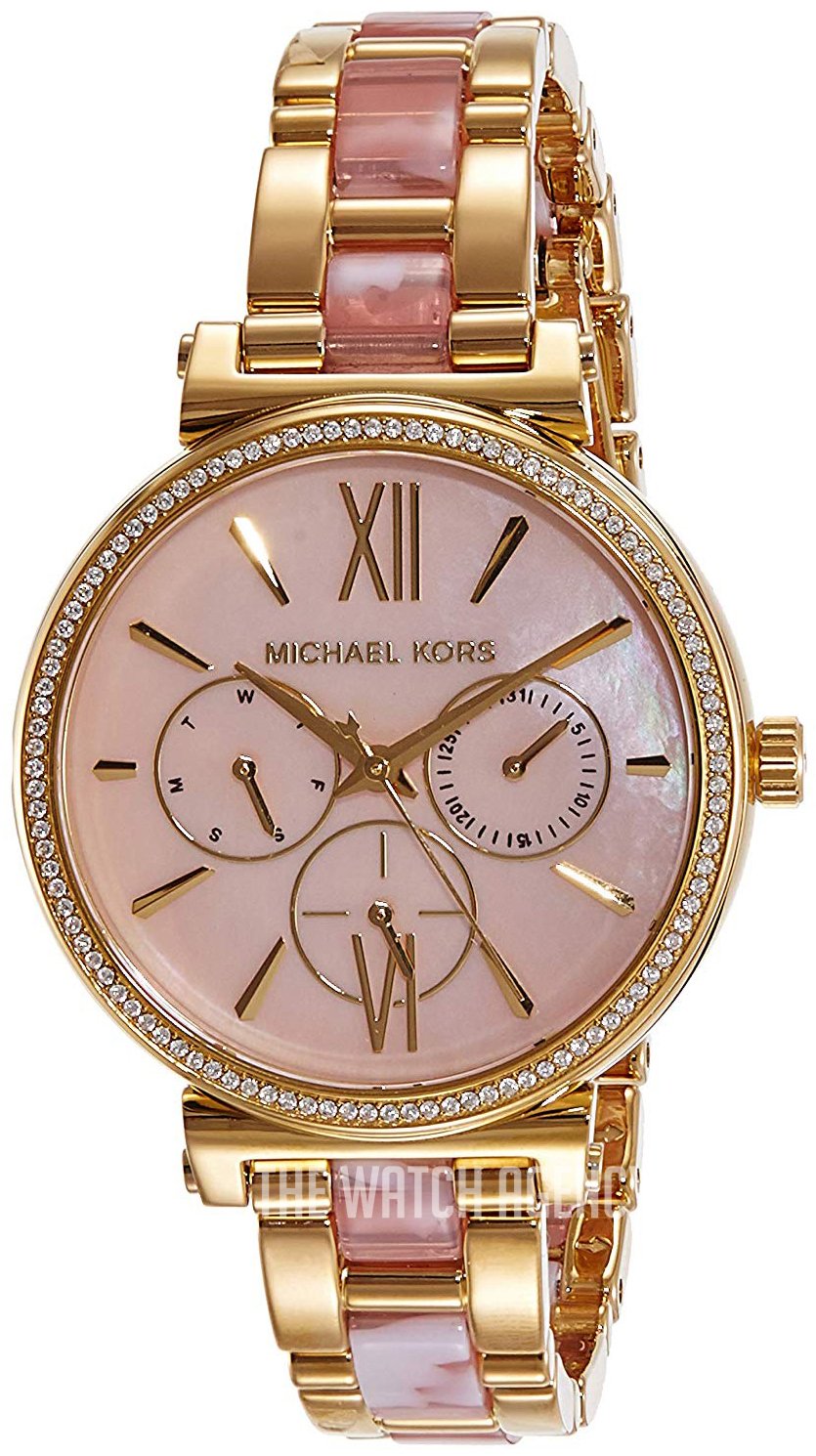  Shop Authentic Michael Kors Sofie Crystals Mother of Pearl Pink Dial Two Tone Steel Strap Watch For Women - MK4344 - Luxxuri
