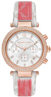  Shop Authentic Michael Kors Parker Chronograph White Dial Two Tone Leather Strap Watch For Women - MK6951 - Luxxuri