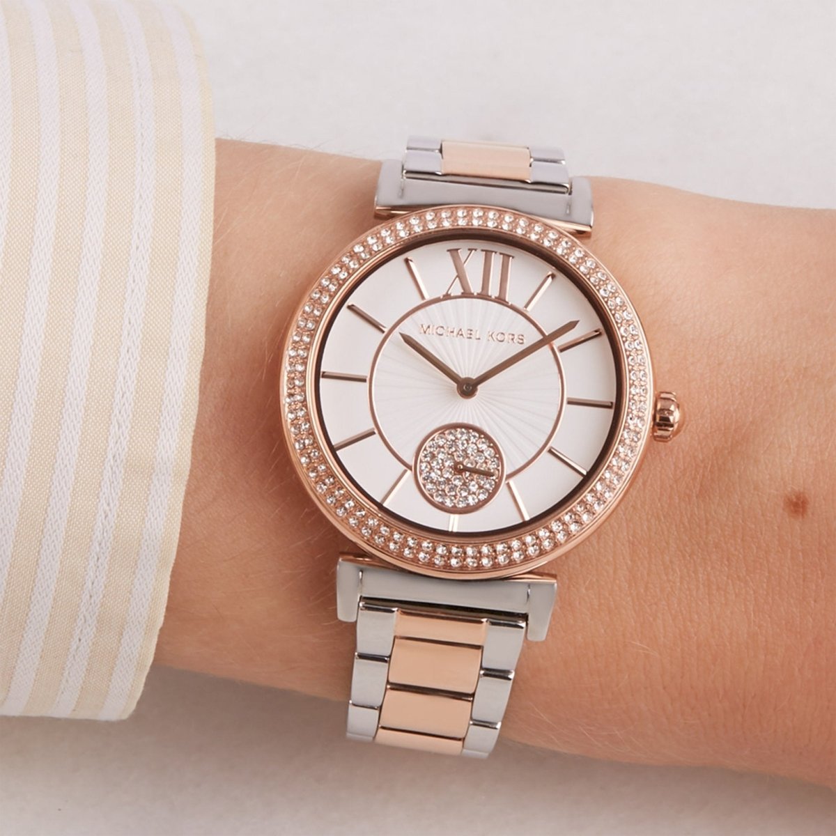  Shop Authentic Michael Kors Abbey Three-Hand White Dial Two Tone Steel Strap Watch for Women - MK4616 - Luxxuri
