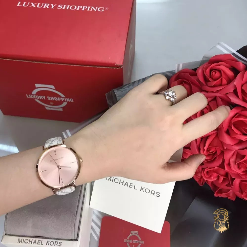  Shop Authentic Michael Kors Jayne Three Hand Rose Gold Dial White Leather Strap Watch For Women - MK7128 - Luxxuri