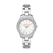  Shop Authentic Michael Kors Liliane Three Hand Mother of Pearl White Dial Silver Steel Strap Watch For Women - MK4556 - Luxxuri
