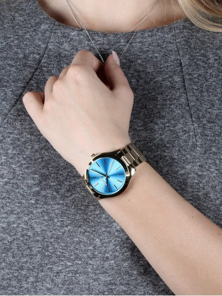  Shop Authentic Michael Kors Slim Runway Blue Dial Gold Steel Strap Watch for Women - MK3265 - Luxxuri