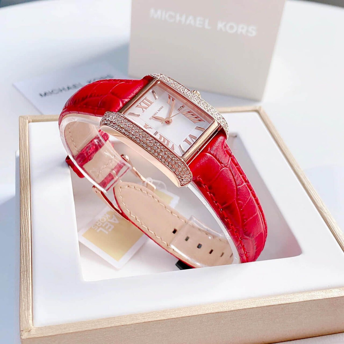  Shop Authentic Michael Kors Emery Quartz Diamonds Silver Dial Red Leather Strap Watch For Women - MK4689 - Luxxuri