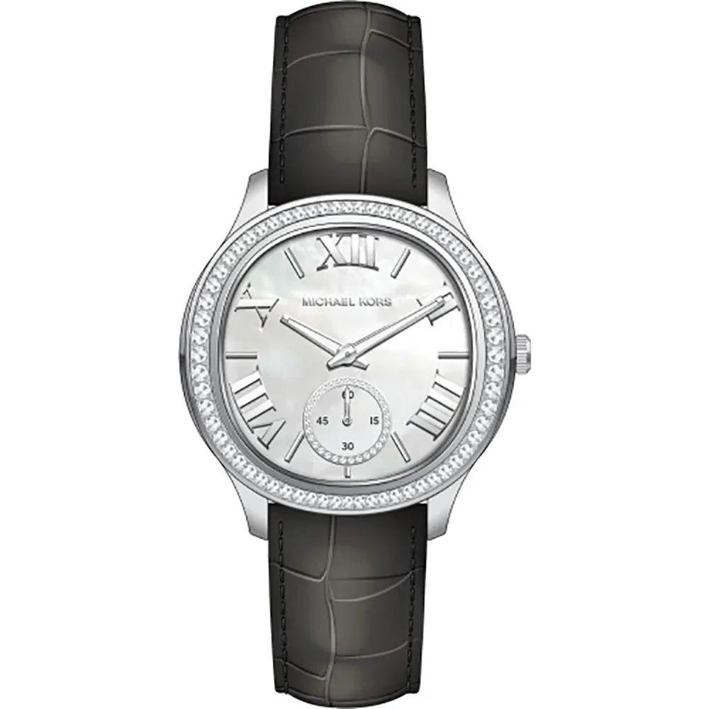  Shop Authentic Michael Kors Sage Three-Hand Mother of Pearl White Dial Black Leather Strap Watch for Women - MK4821 - Luxxuri