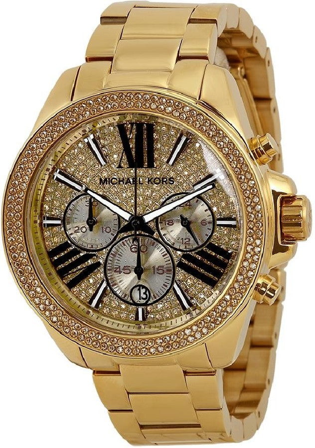  Shop Authentic Michael Kors Wren Chronograph Crystal Pave Gold Dial Gold Steel Strap Watch for Women - MK6095 - Luxxuri