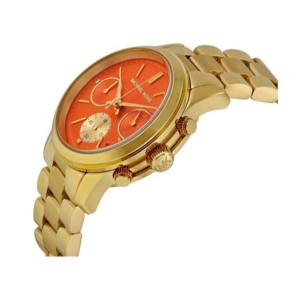 Shop Authentic Michael Kors Runway Chronograph Orange Dial Gold Steep Strap Watch For Women - MK6162 - Luxxuri