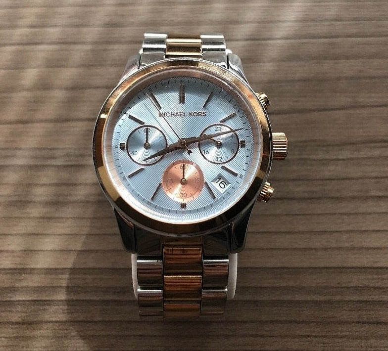  Shop Authentic Michael Kors Runway Chronograph Blue Dial Two Tone Steel Strap Watch For Women - MK6166 - Luxxuri