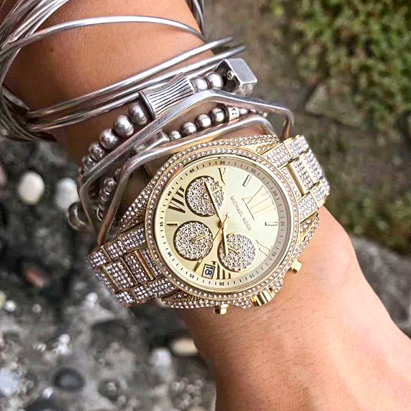  Shop Authentic Michael Kors Mini Bradshaw Crystals Gold Dial Gold Steel Strap Watch For Women - MK6494 - Luxxuri