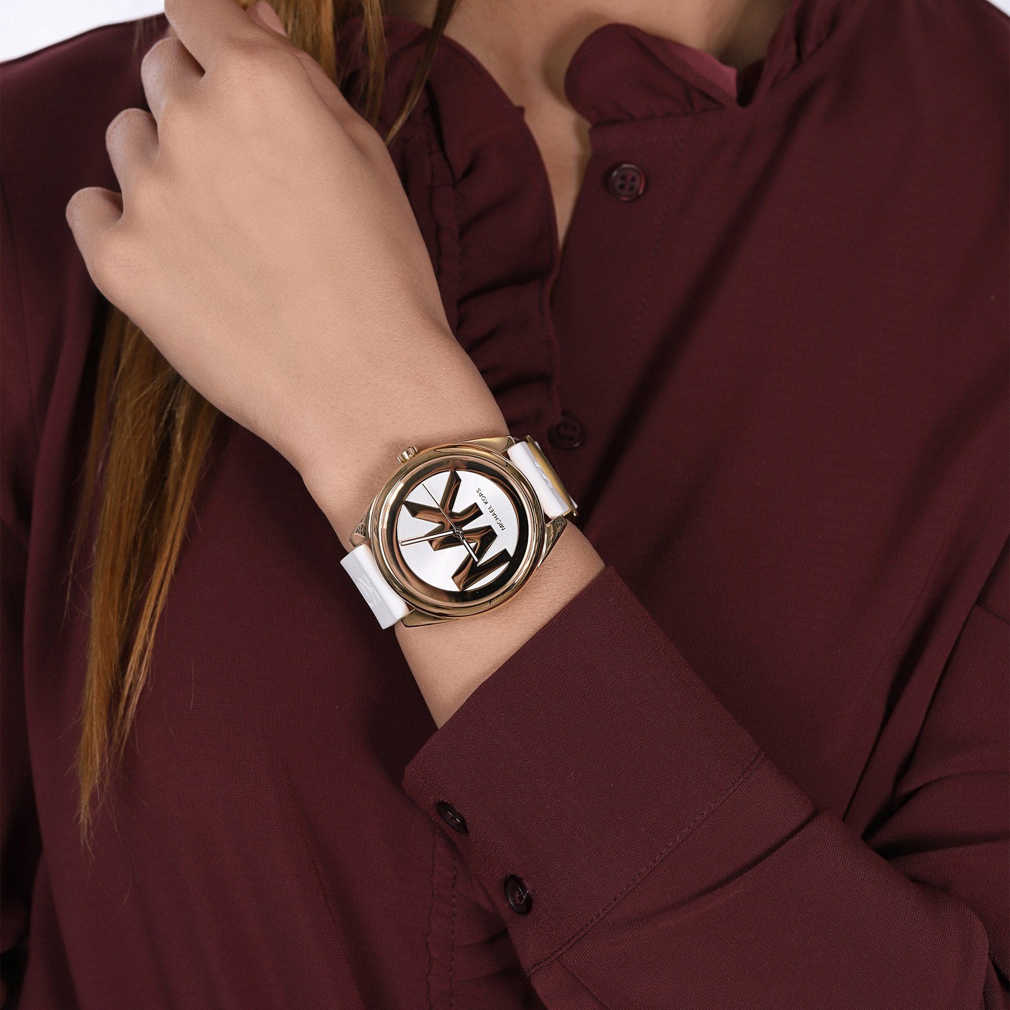  Shop Authentic Michael Kors Janelle Three Hand Silver Dial White Rubber Strap Watch For Women - MK7141 - Luxxuri