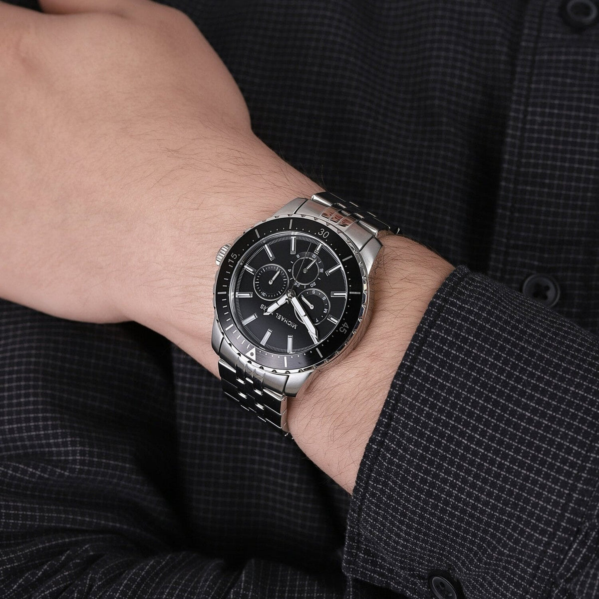  Shop Authentic Michael Kors Cunningham Multifunction Black Dial Silver Steel Strap Watch For Men - MK7156 - Luxxuri