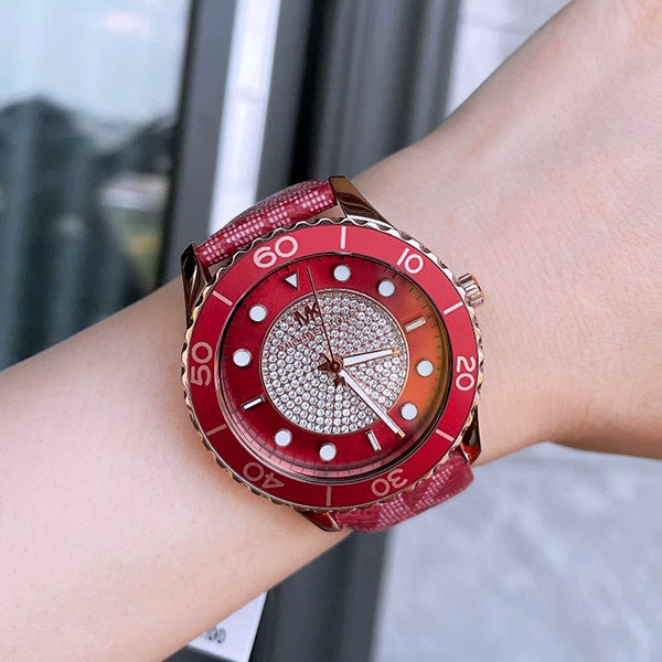  Shop Authentic Michael Kors Runway Three-Hand Quartz Red Dial Red Leather Strap Watch For Women - MK7179 - Luxxuri