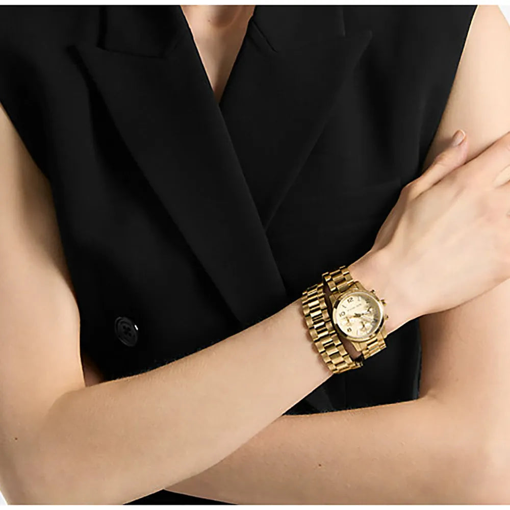  Shop Authentic Michael Kors Runway Chronograph Analog Gold Dial Gold Steel Strap Watch for Women - MK7452 - Luxxuri