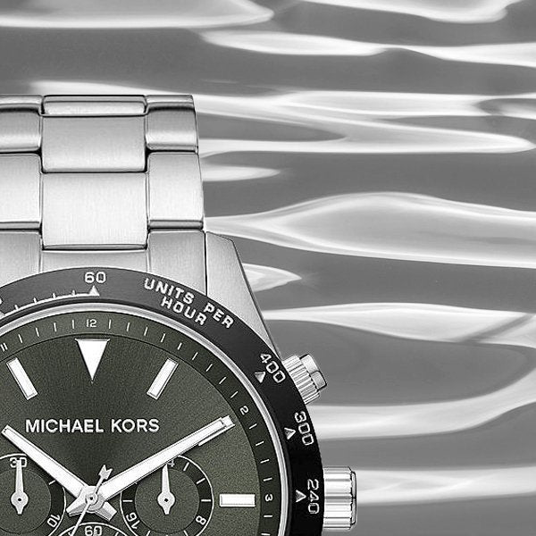 Shop Authentic Michael Kors Layton Chronograph Green Dial Silver Steel Strap Watch For Men - MK8912 - Luxxuri