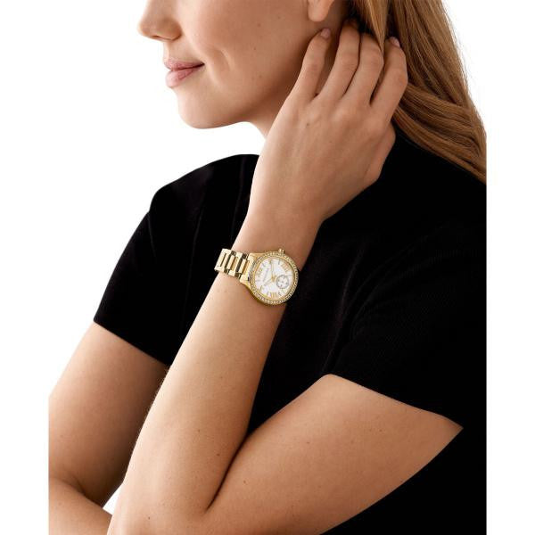  Shop Authentic Michael Kors Sage Three-Hand Mother of Pearl White Dial Gold Steel Strap Watch for Women - MK4805 - Luxxuri