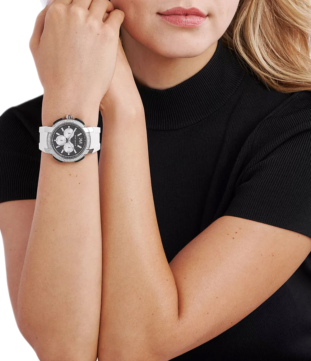  Shop Authentic Michael Kors Sidney Multifunction Black Dial White Silicone Strap Watch For Women - MK6947 - Luxxuri