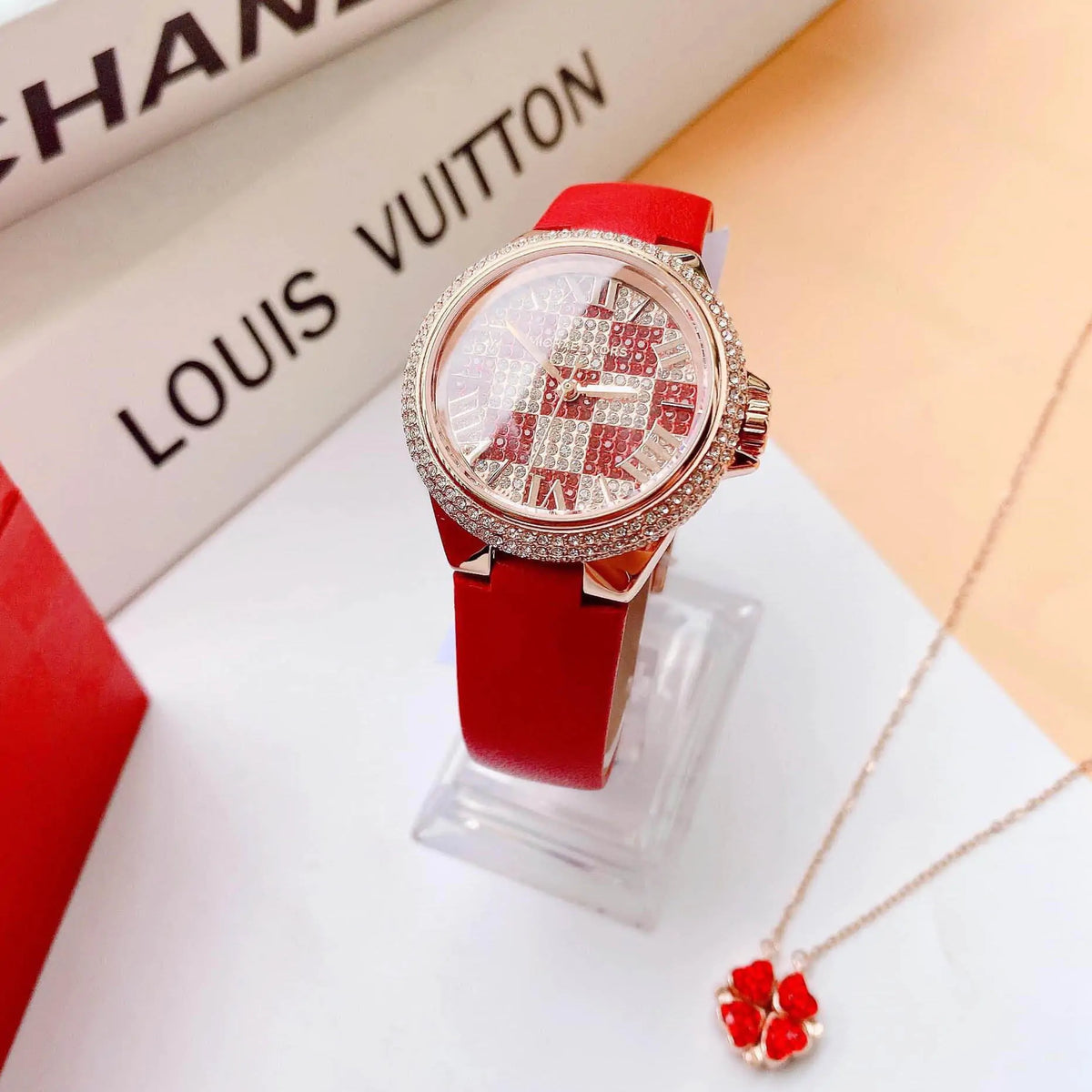  Shop Authentic Michael Kors Camille Three Hand Crystals Rose Gold Dial Red Leather Strap Watch For Women - MK4701 - Luxxuri