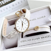  Shop Authentic Michael Kors Pyper Quartz Silver Dial White Leather Strap Watch For Women - MK1037 - Luxxuri