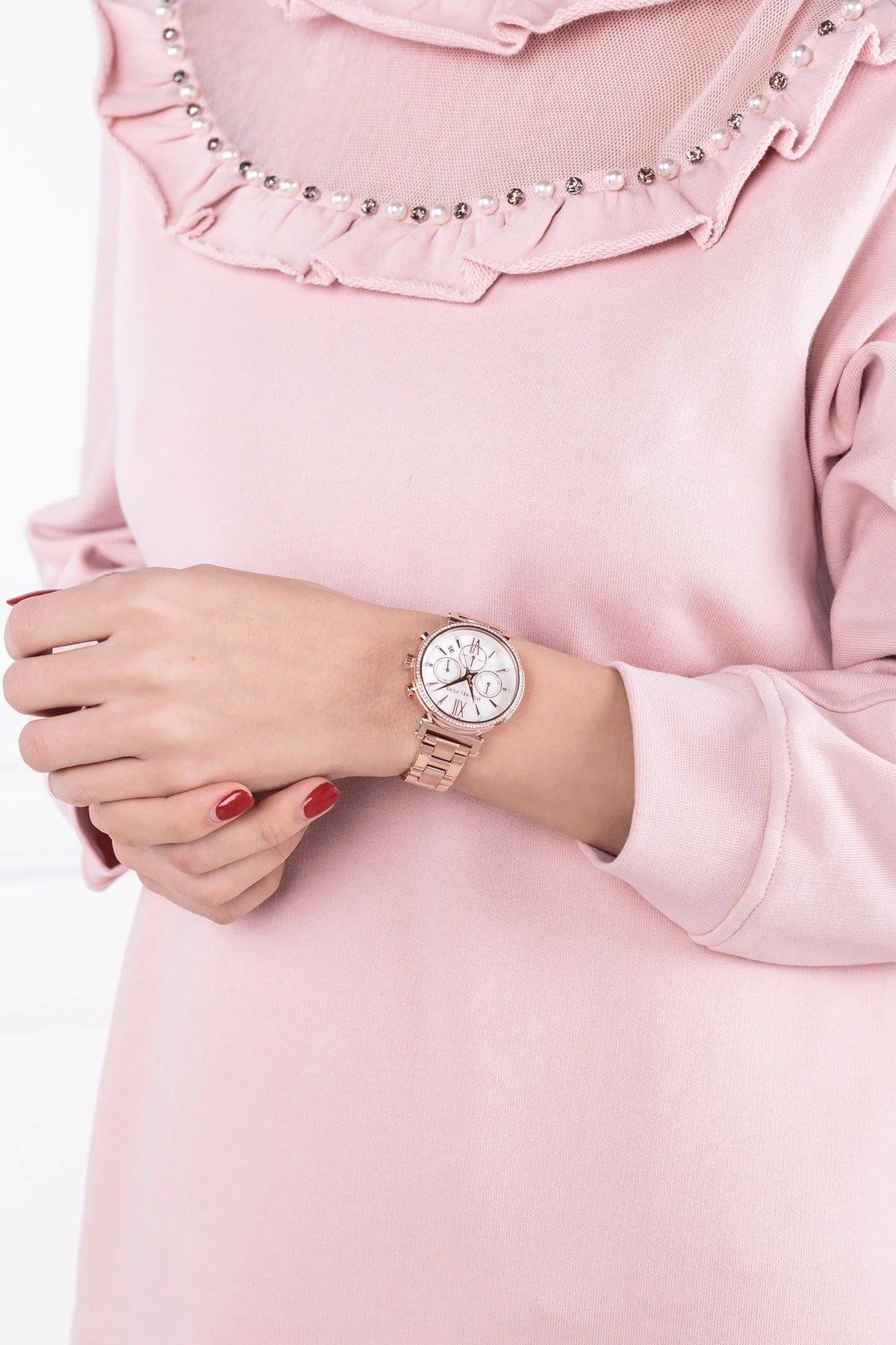  Shop Authentic Michael Kors Sofie Chronograph Mother of Pearl White Dial Rose Gold Steel Strap Watch For Women - MK6576 - Luxxuri