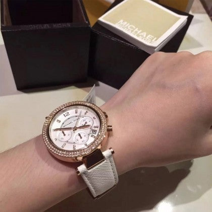  Shop Authentic Michael Kors Parker White Diamonds Dial White Leather Strap Watch for Women - MK2281 - Luxxuri
