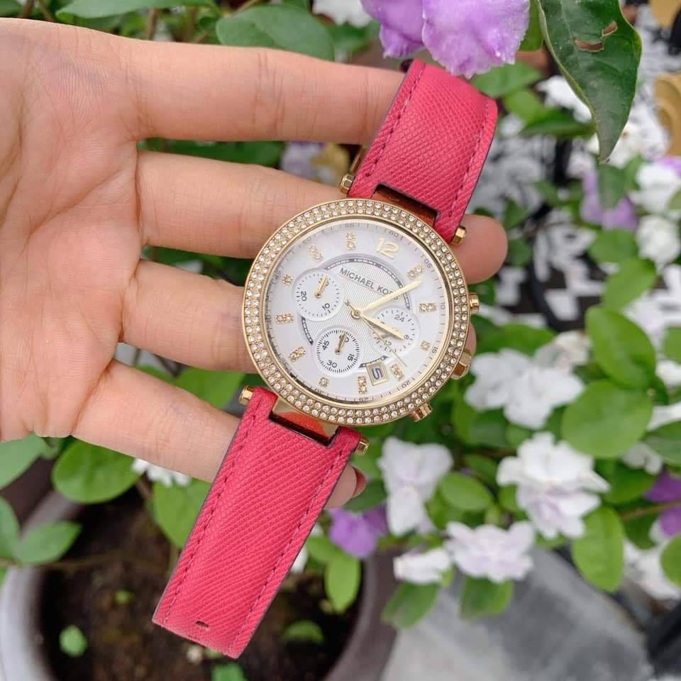  Shop Authentic Michael Kors Parker Chronograph White Dial Pink Leather Strap Watch for Women - MK2297 - Luxxuri