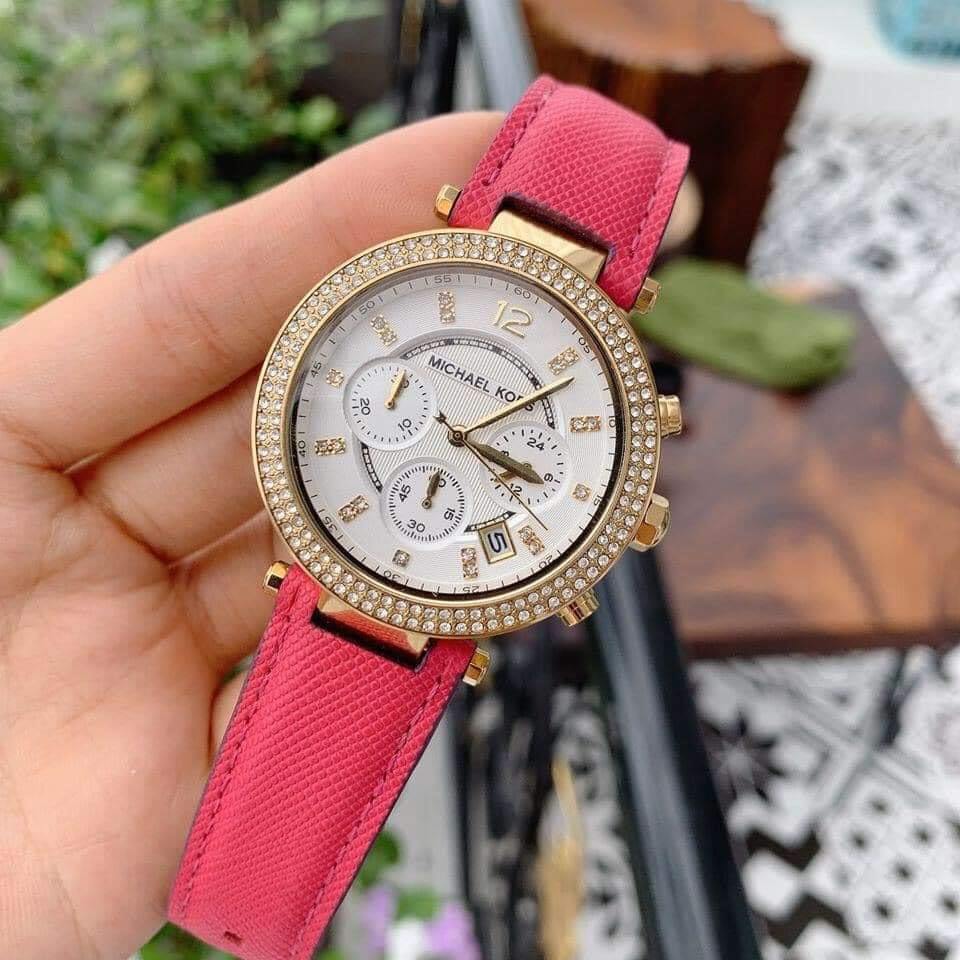  Shop Authentic Michael Kors Parker Chronograph White Dial Pink Leather Strap Watch for Women - MK2297 - Luxxuri