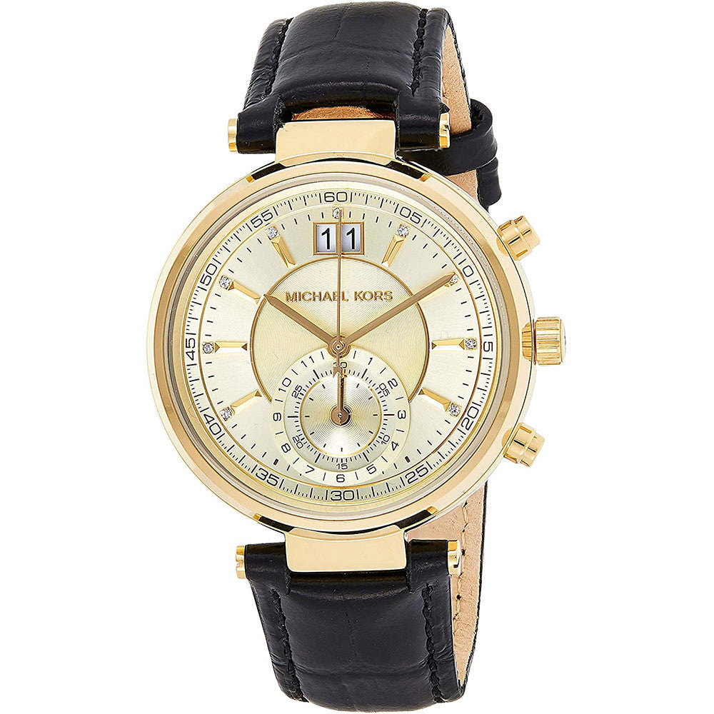  Shop Authentic Michael Kors Sawyer Champagne Dial Black Leather Strap Watch for Women - MK2433 - Luxxuri