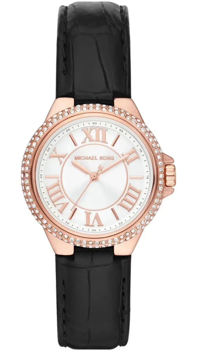  Shop Authentic Michael Kors Camille Three-Hand Crystals White Dial Black Leather Strap Watch for Women - MK2962 - Luxxuri