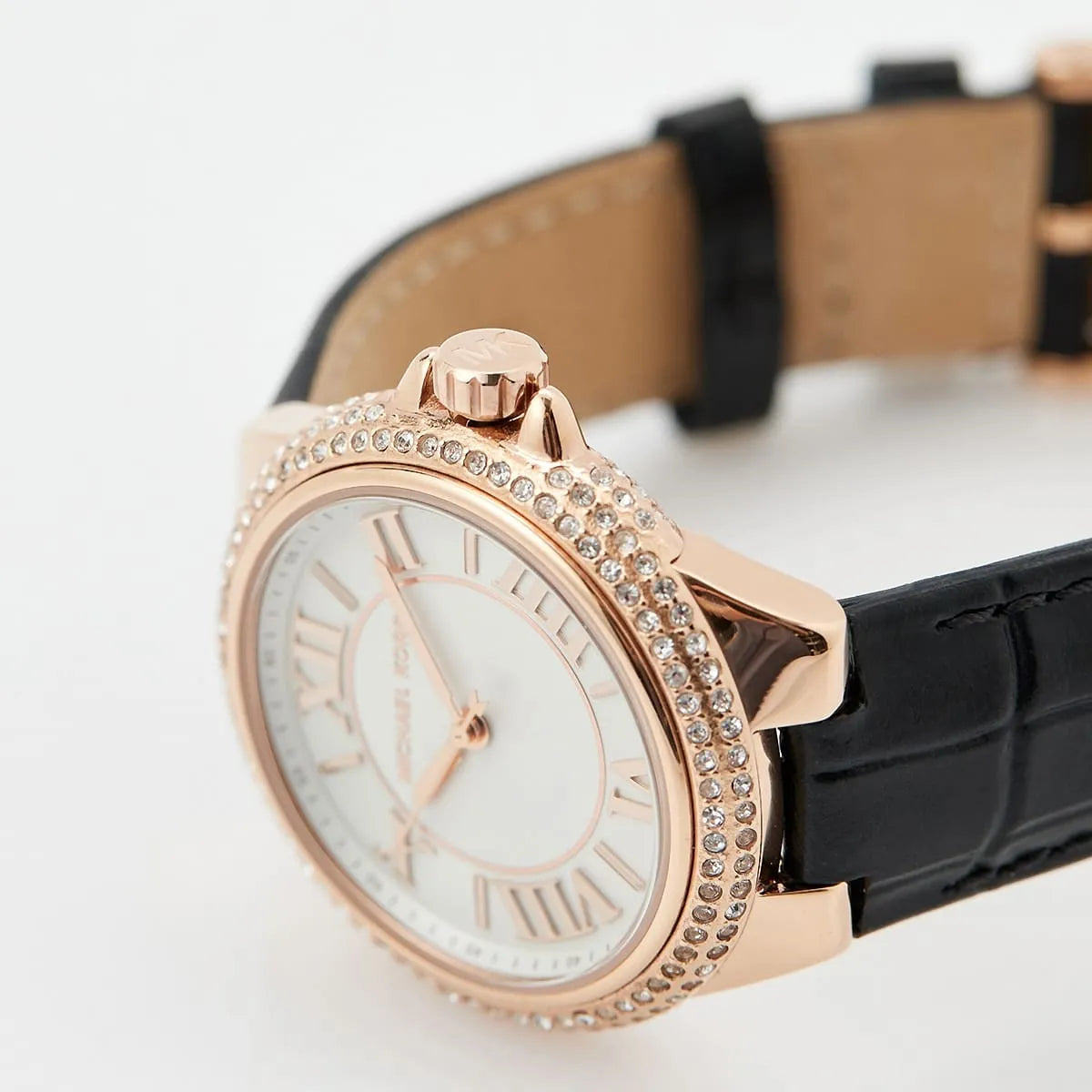  Shop Authentic Michael Kors Camille Three-Hand Crystals White Dial Black Leather Strap Watch for Women - MK2962 - Luxxuri