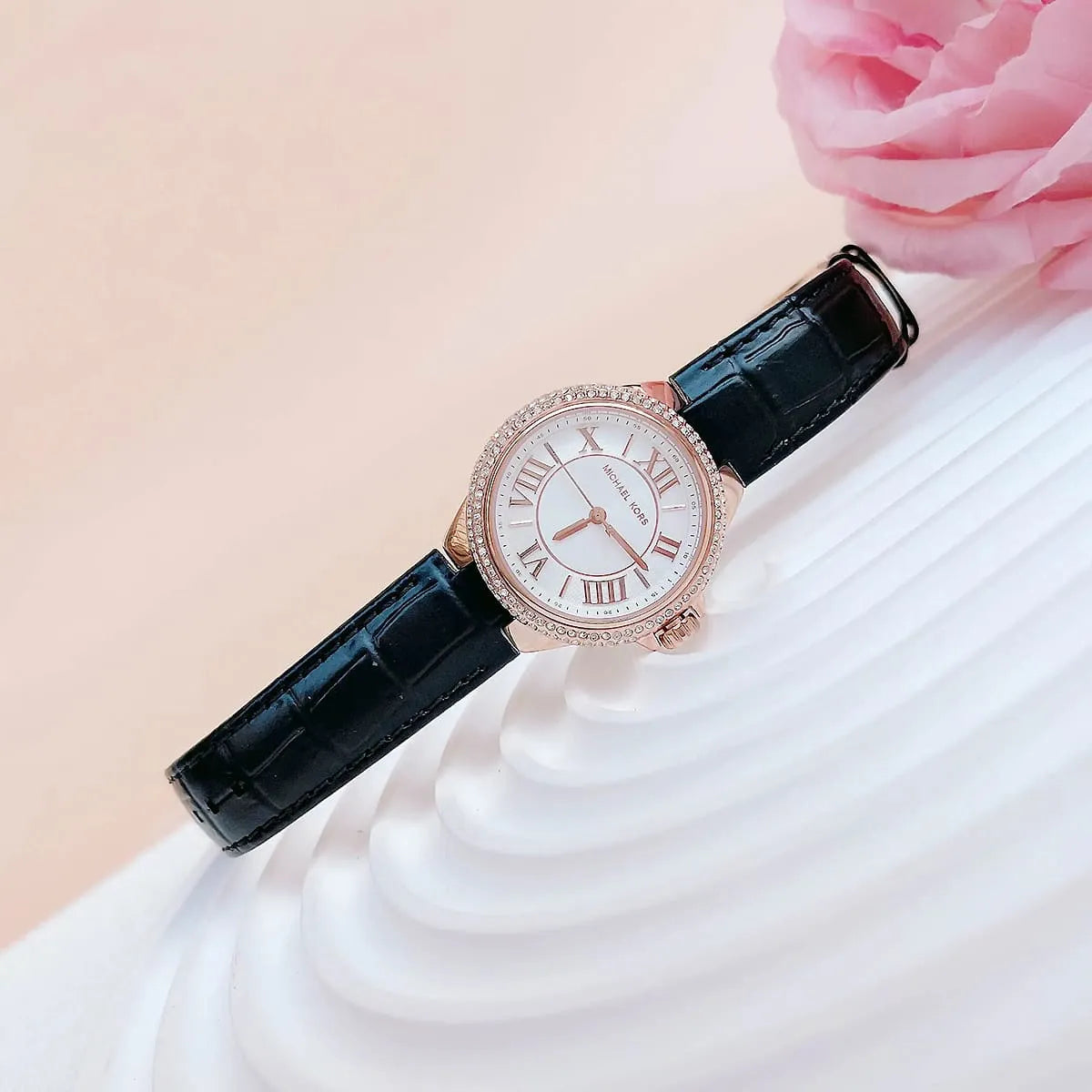  Shop Authentic Michael Kors Camille Three-Hand Crystals White Dial Black Leather Strap Watch for Women - MK2962 - Luxxuri