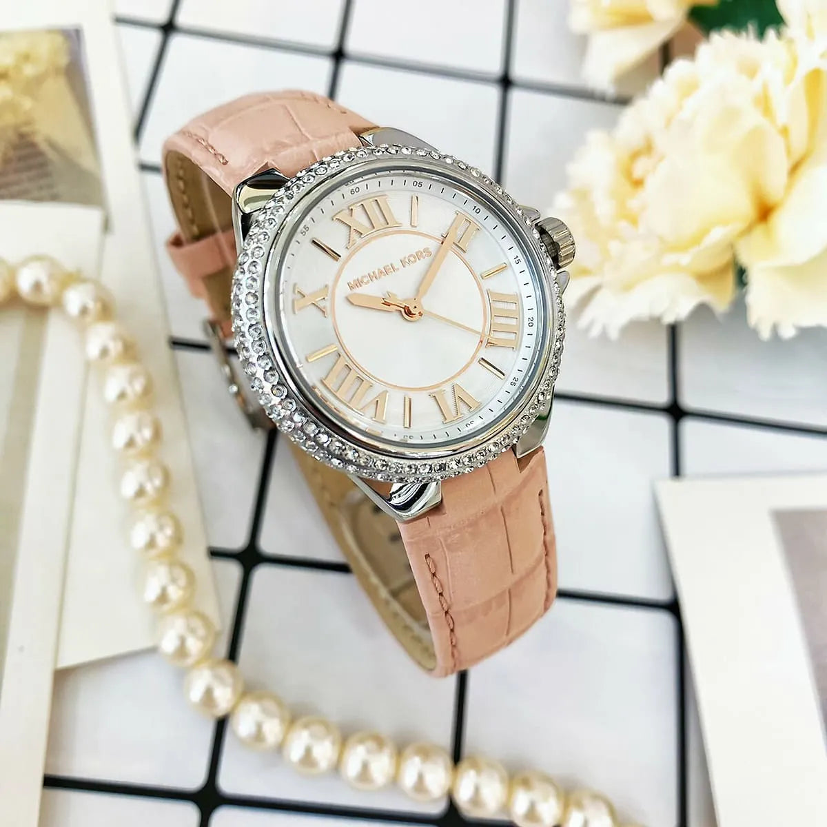  Shop Authentic Michael Kors Camille Three-Hand Crystals White Dial Pink Leather Strap Watch for Women - MK2963 - Luxxuri